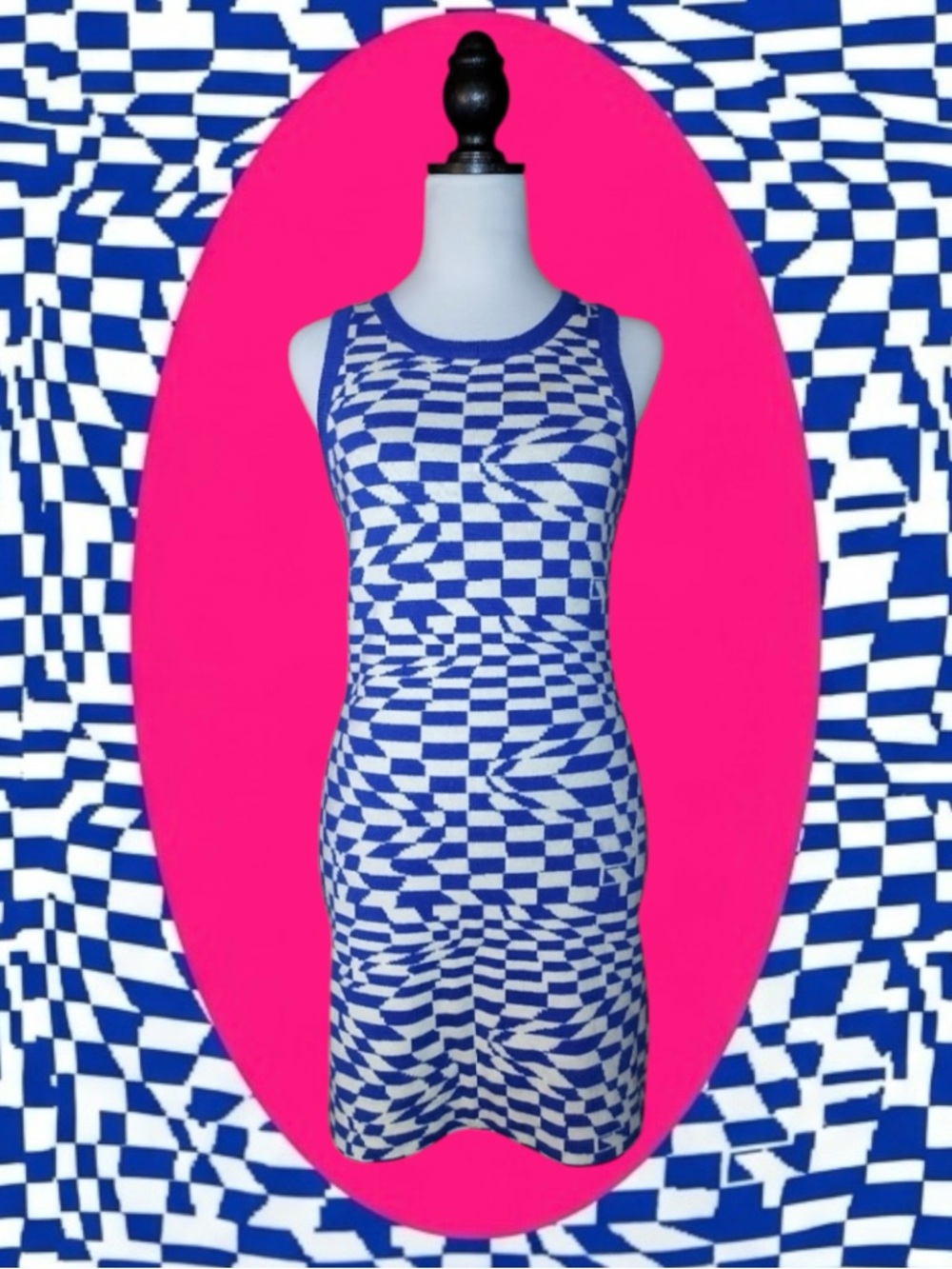Pretty Garbage Retro Mod Two-Tone Blue White Warped Checkerboard Sweater Dress M